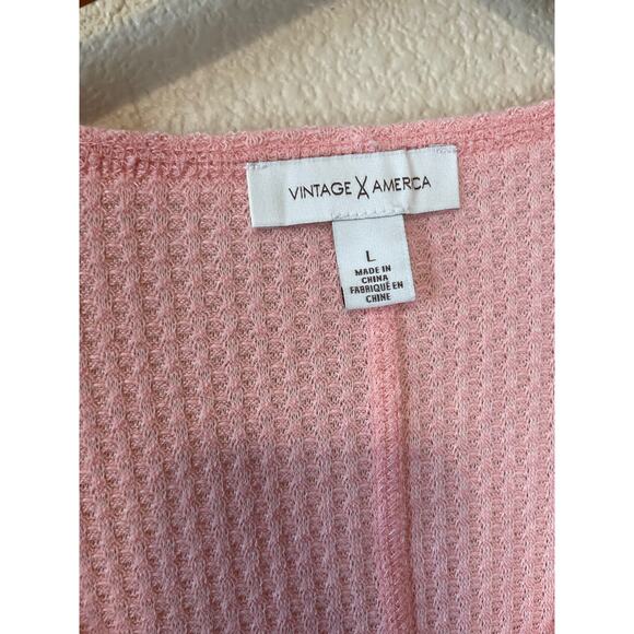 Vintage X America Cozy Pink V Neck Waffle Knit Long Sleeve Oversized Tee Large - Picture 3 of 10